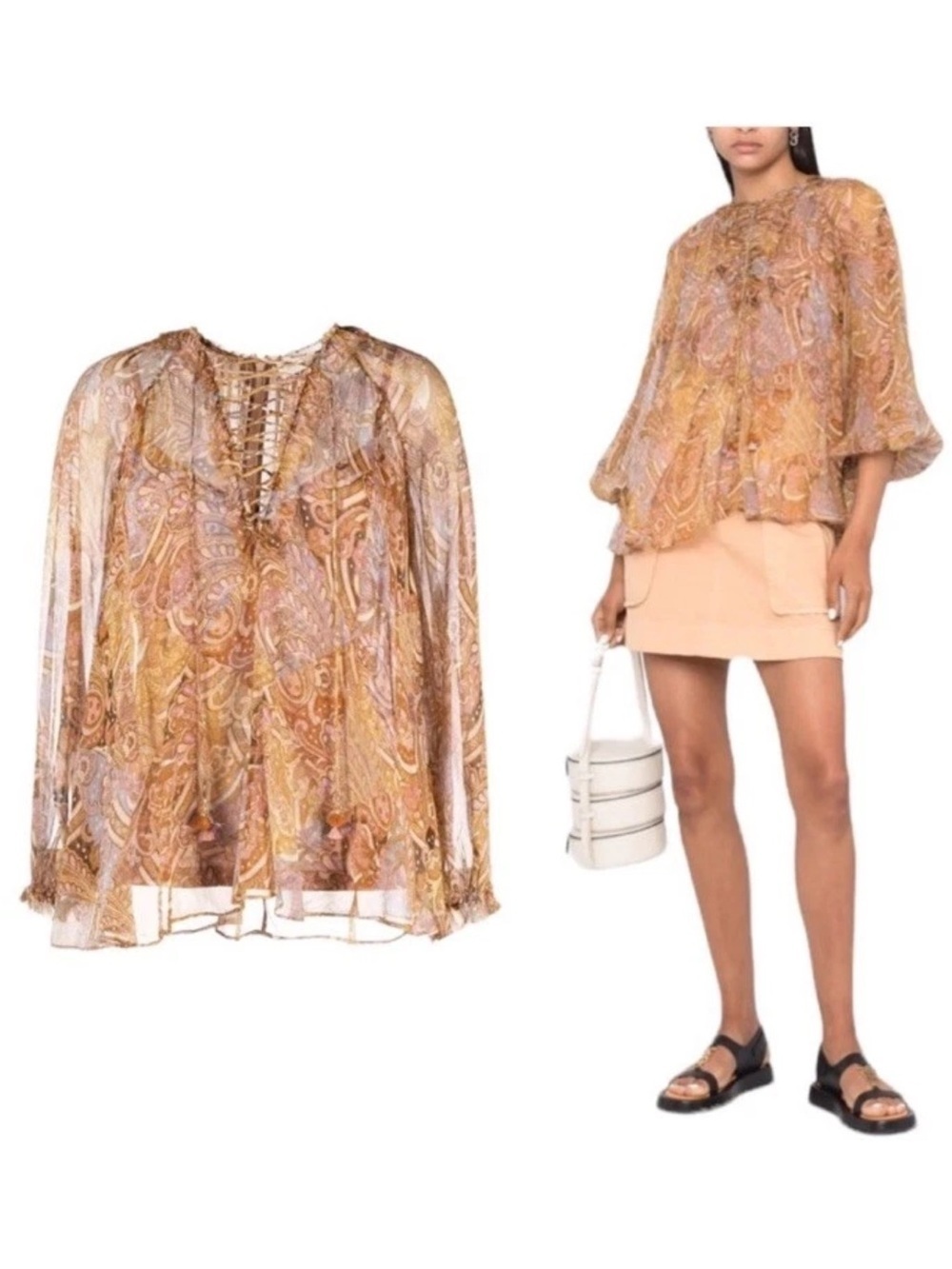 NWOT Zimmermann AU 1/ US Small Paisley Lace-Up Ruffle Blouse in Gold and blues - Picture 5 of 15